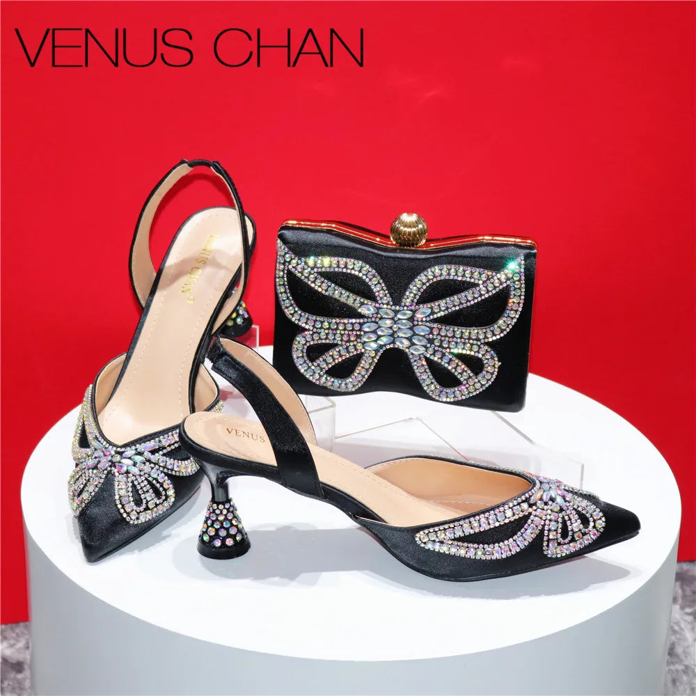 Elegant Rhinestone Pointed-Toe Pumps with Matching Bag Set