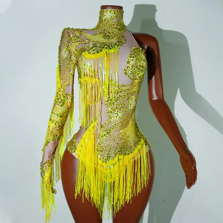 Leopard Sequin Fringe Asymmetrical Bodysuit One-Sleeve Stage Performance Costume