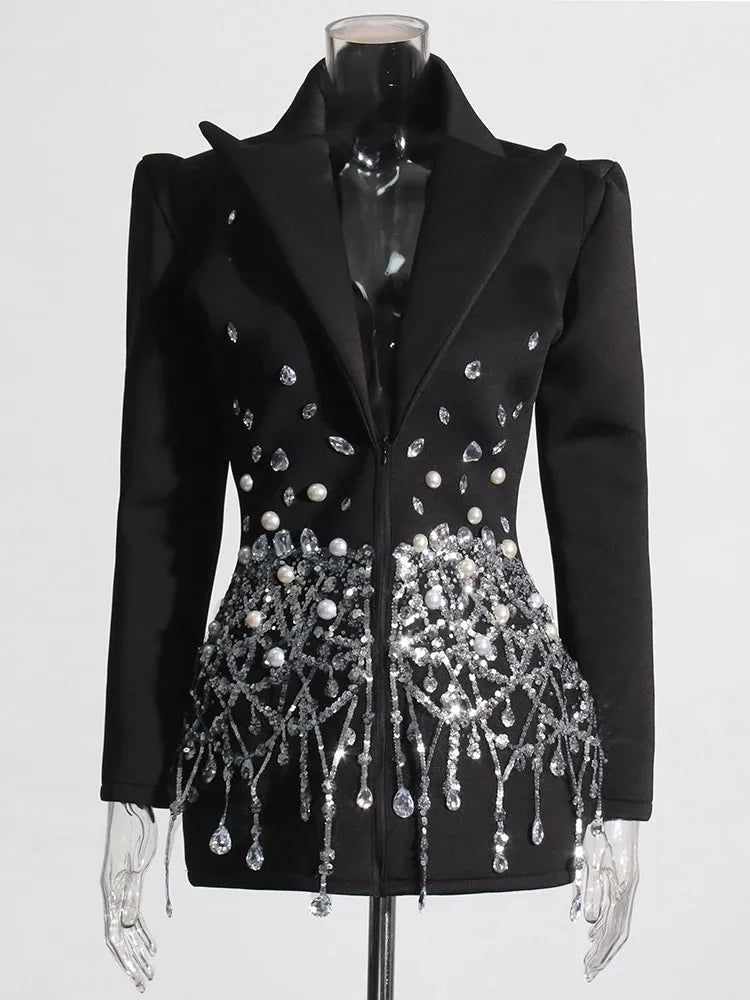 Patchwork Sequins Long Sleeve High Waist Spliced Pearls Mini Dresse
