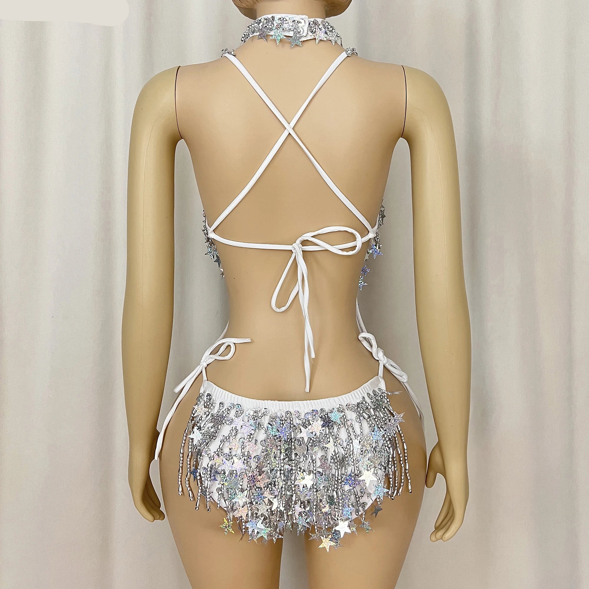 Sparkly Silver Beaded Sequin Samba Leotard Bodysuit & Necklace Set
