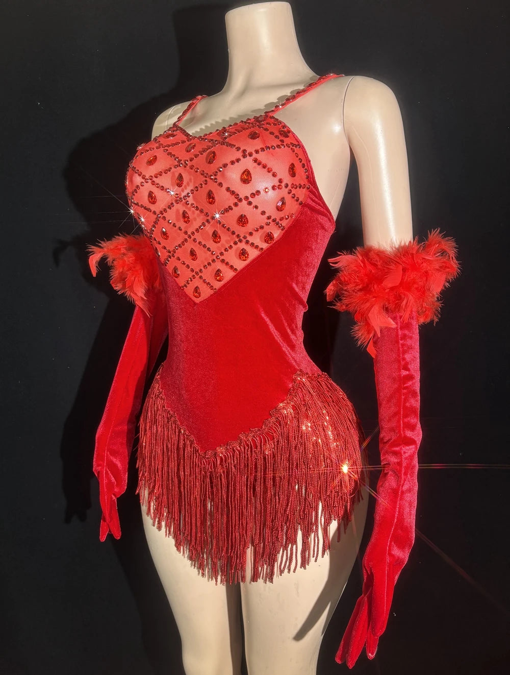 Sparkly Rhinestone & Sequin Tassel Bodysuit with Feathers & Gloves Costume Set