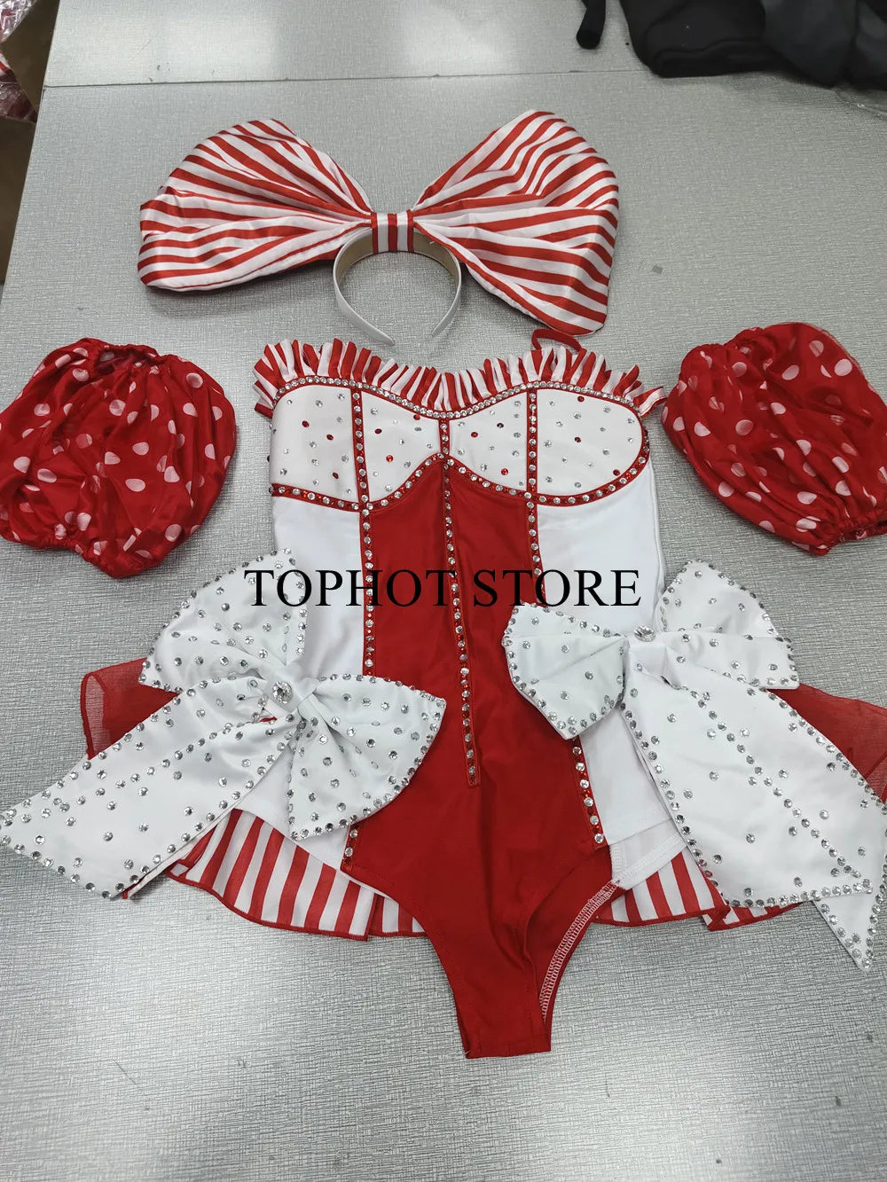 Red White Bow Rhinestones Bodysuit Women Candy Striped Headgear Costume Nightclub Dancer Team Performance Outfit