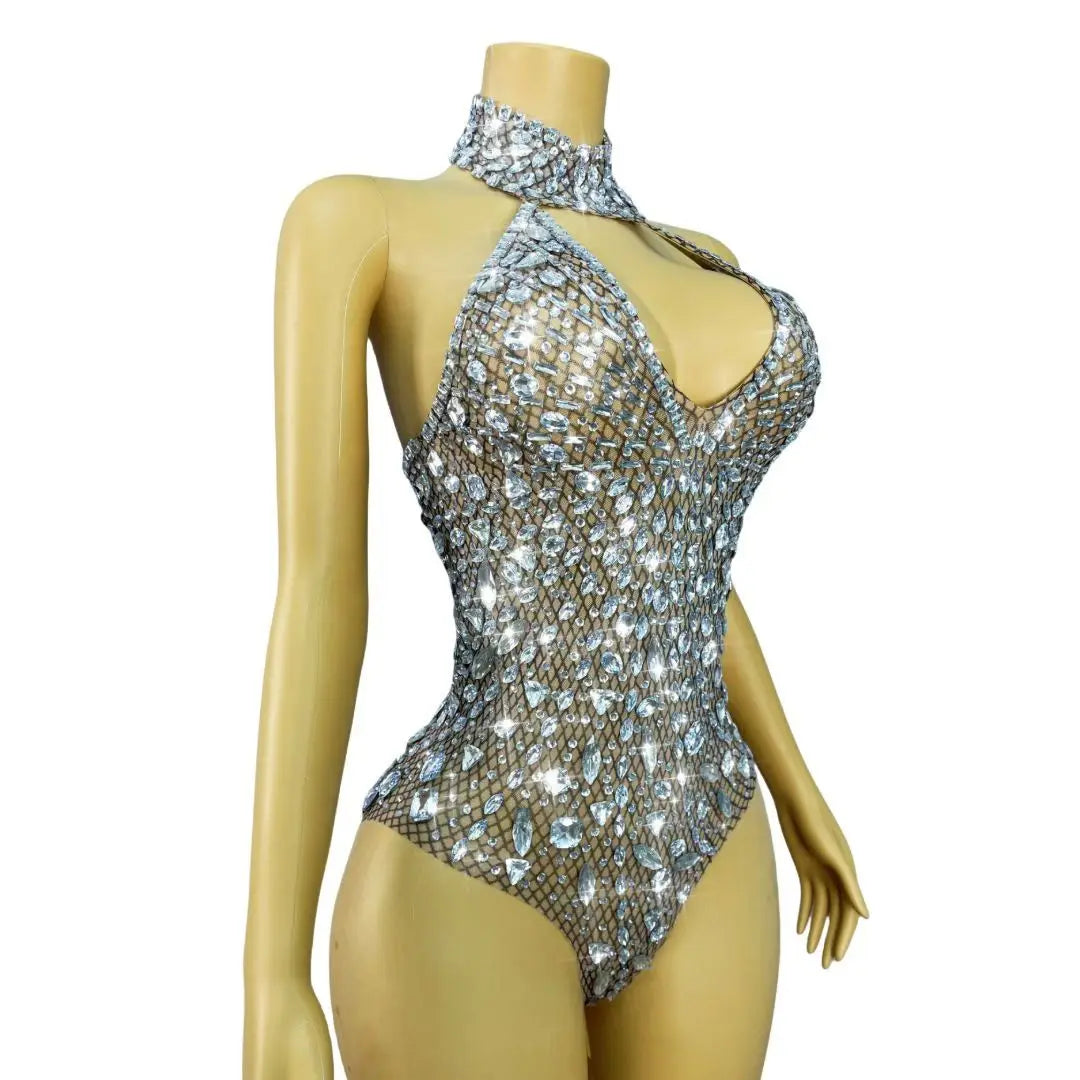 Sparkly Silver Rhinestone Halter Stage Bodysuit Leotard Costume Piece