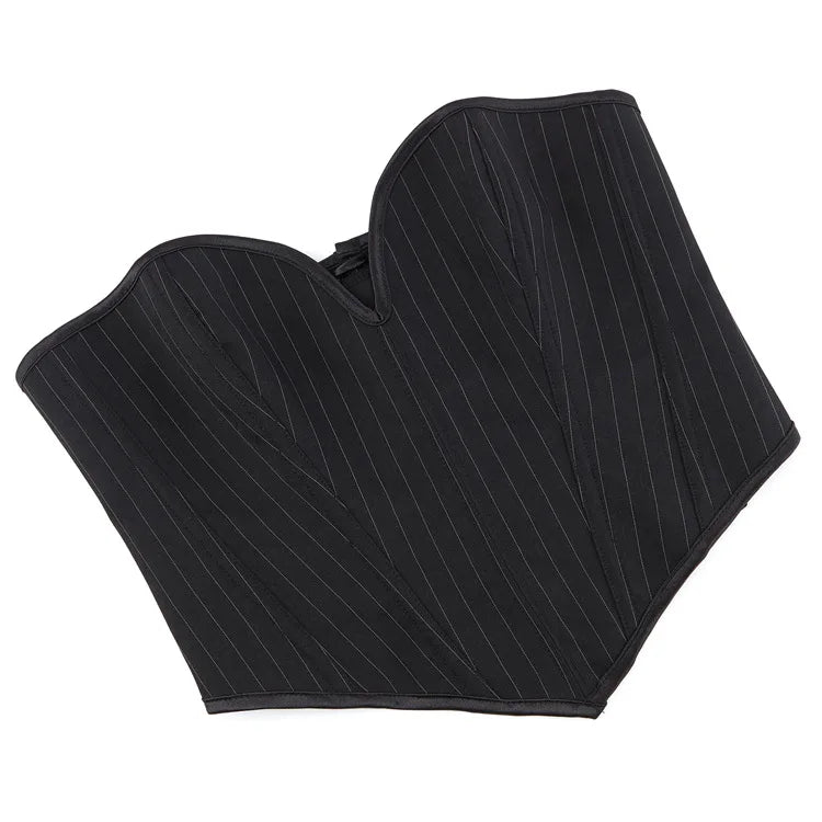 Black Striped Overbust Corset Top Zipper Front Lace-Up Bustier Body Shaper