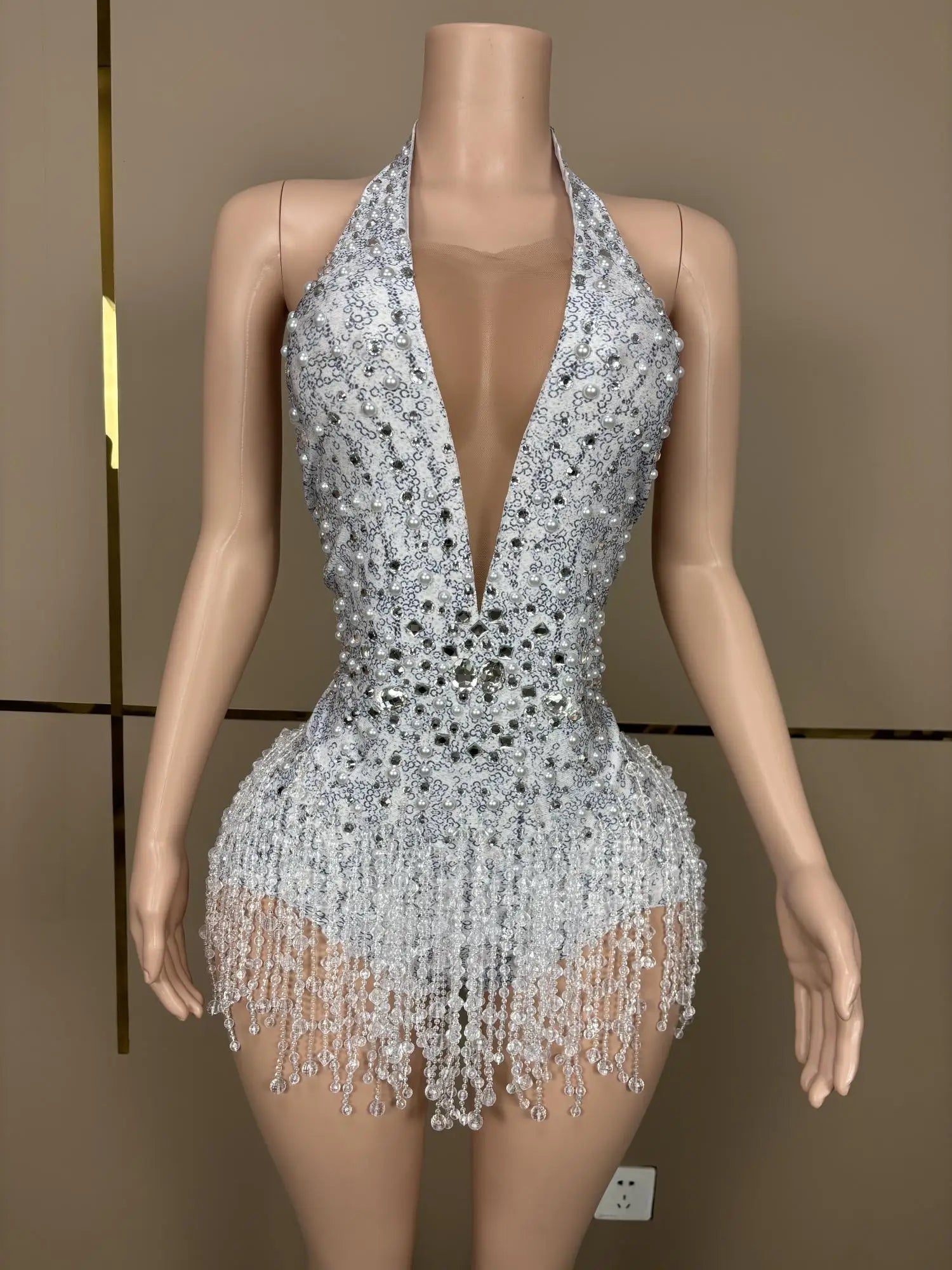 Crystal Rhinestone Fringe Sleeveless Bodysuit & Aerial Dance Leotard Costume