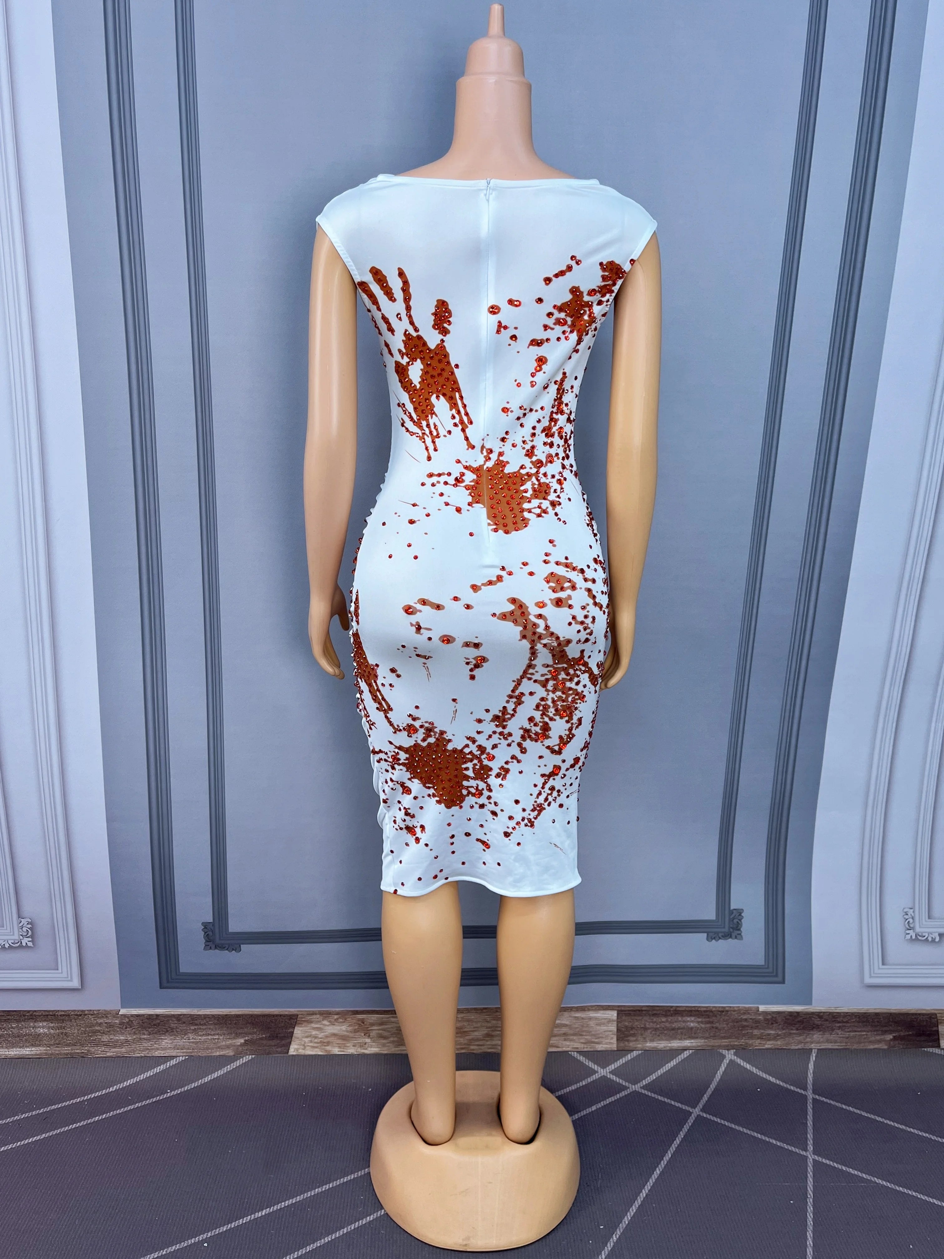 Blood Splatter Rhinestone Ruched Midi Dress Sleeveless Halloween Stage Costume