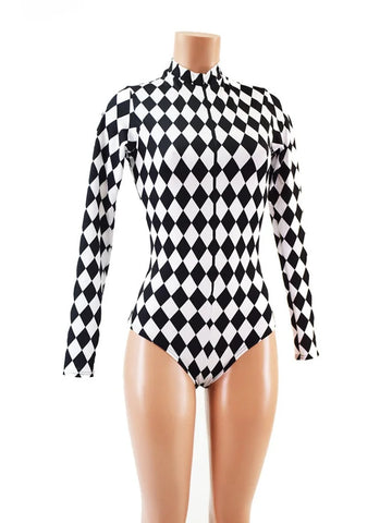 Harlequin Check Long Sleeve Cutout Bodysuit Sexy Circus Clown Stage Dance Bodysuit