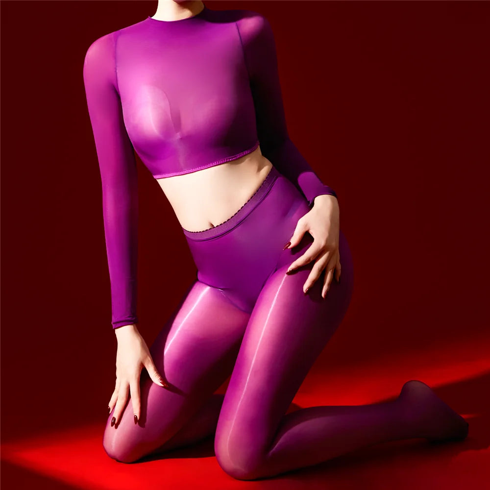 Sexy Women 5D 912 Pin Oil Glossy Shiny Short Top Elastic T-shirt Sheer See Through Maid Tights Crop Tops Yoga Street Wear