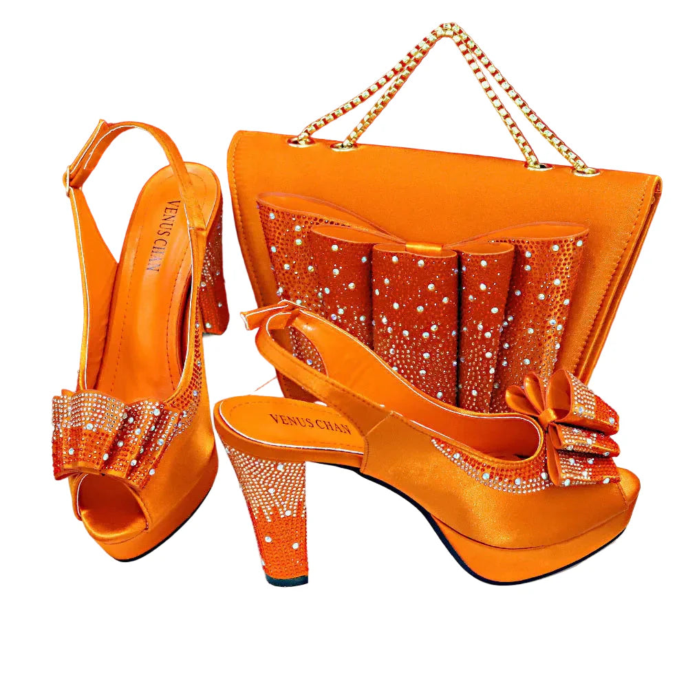 Hot Peep Toe Square Heel Ladies Shoes Matching Bag Set