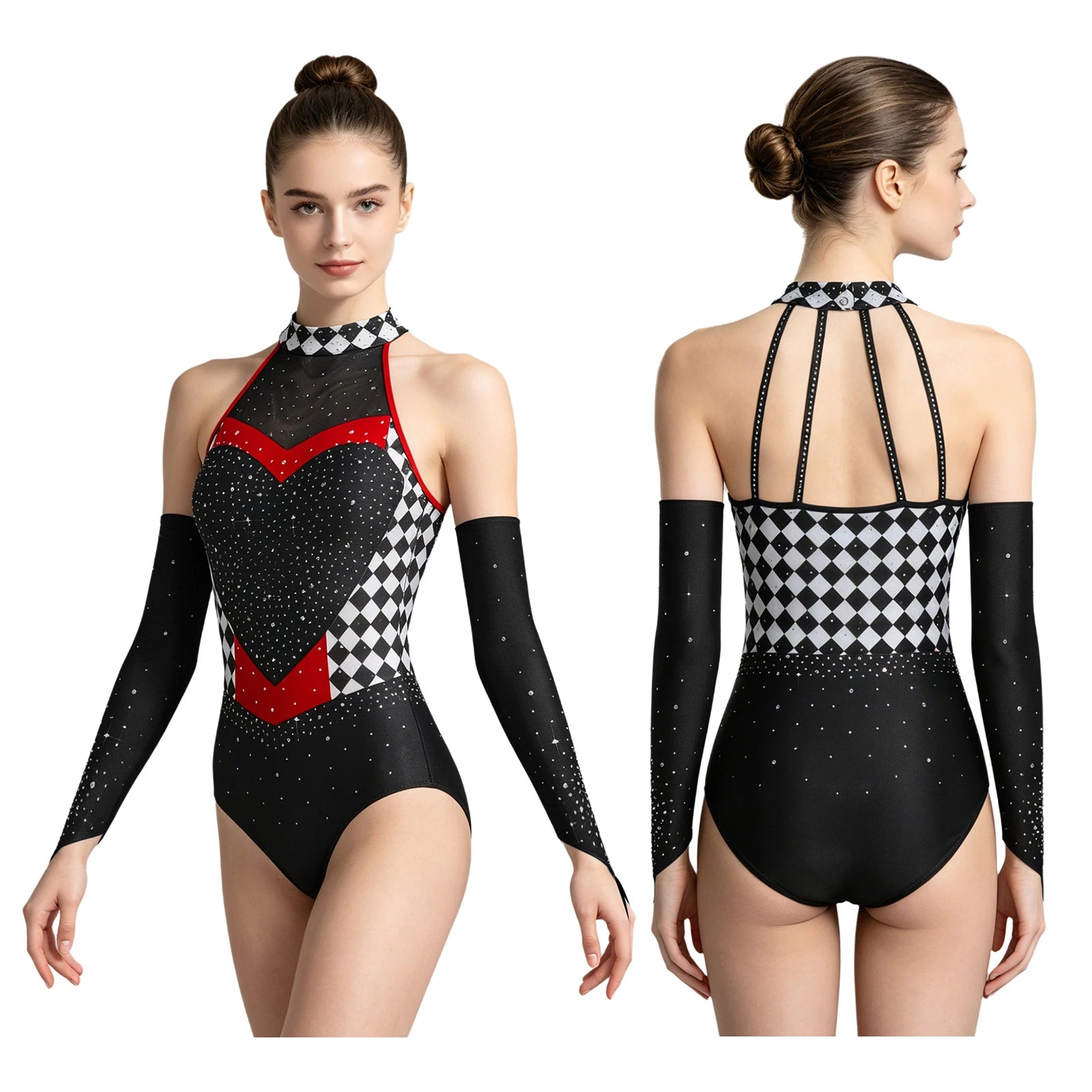 Queen of Hearts Rhinestone Halter Bodysuit & Sleeves Checkered Circus Stage Costume Set