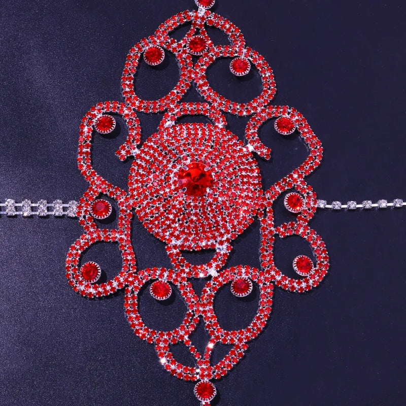 Exaggerated Red Rhinestone Floral Body Chain & Chest Harness Set
