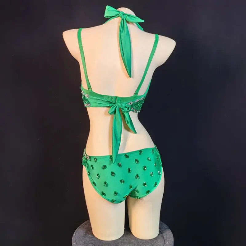 Luxury Rhinestone & Crystal Beaded Halter Bikini Stage Bodysuit