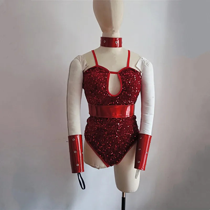 Red Sequins Bodysuit Leather Cuff Set