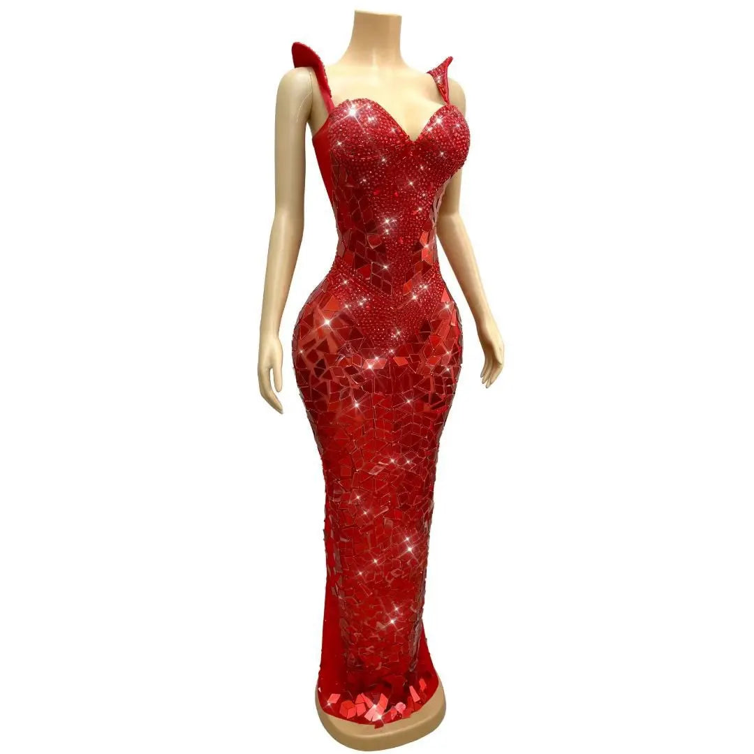 Women's Red & Gold Rhinestone Mirror Suspender Dress | Sparkly Elegant Gown for Red Carpet & Stage