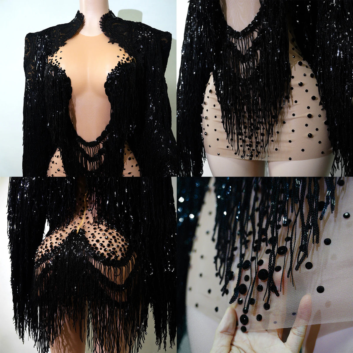 Rhinestone Tassel Fringe Jacket And Dress Costume Set