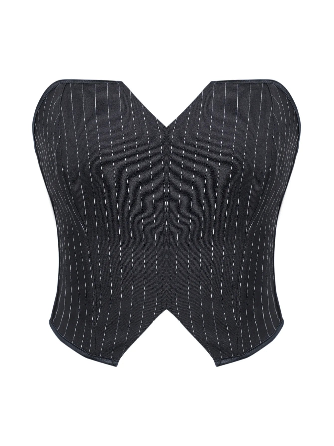 Black Striped Overbust Corset Top Zipper Front Lace-Up Bustier Body Shaper