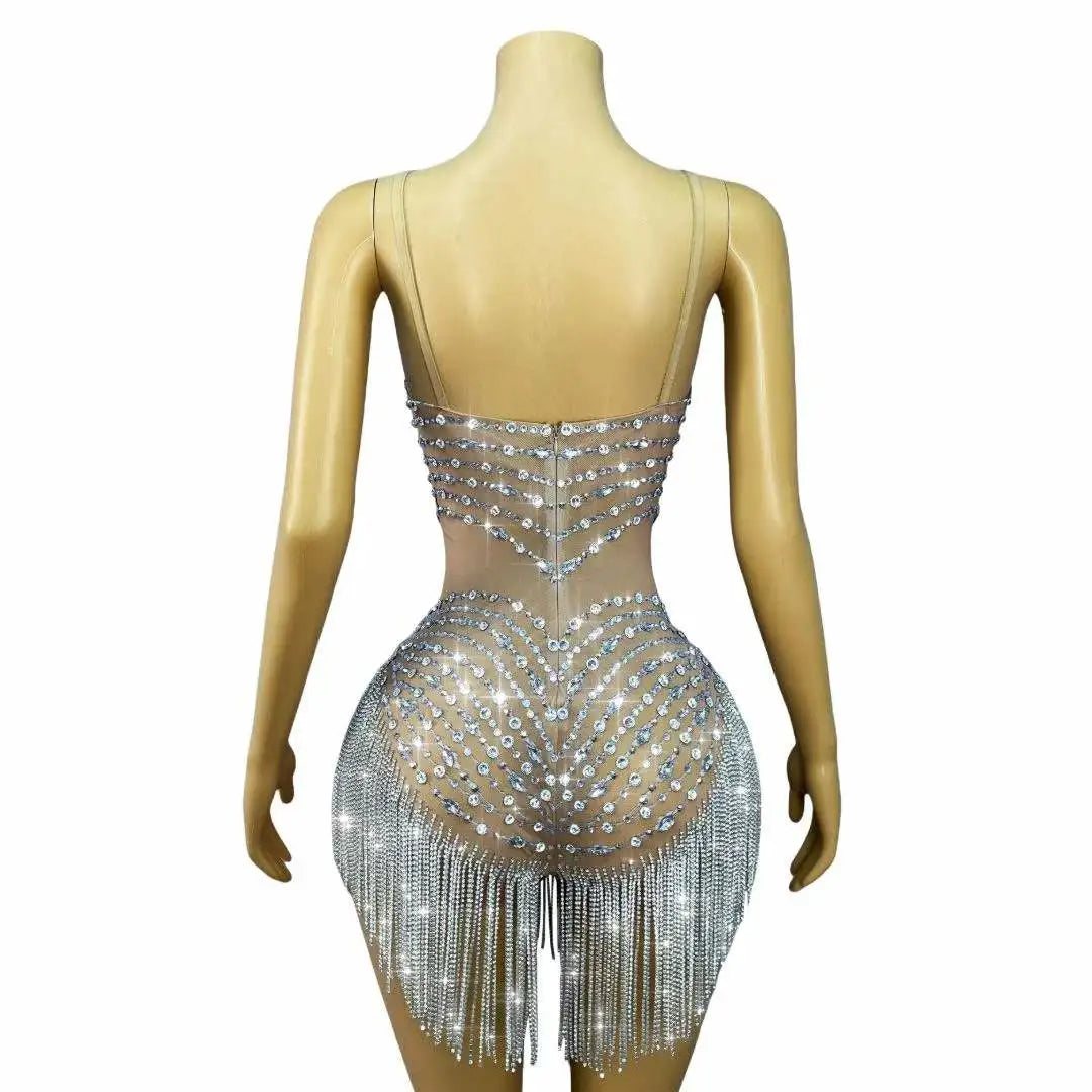 Black Rhinestone Mesh Performance Mini Dress