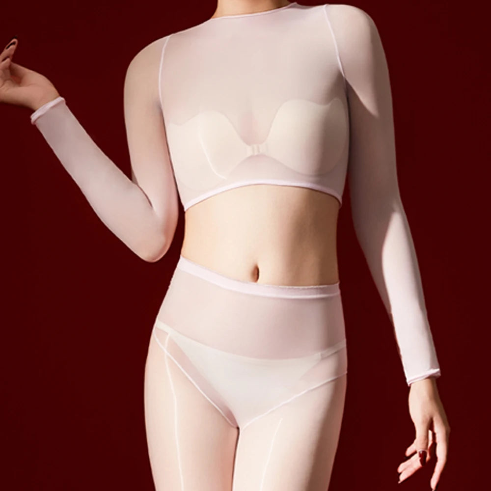 Sexy Women 5D 912 Pin Oil Glossy Shiny Short Top Elastic T-shirt Sheer See Through Maid Tights Crop Tops Yoga Street Wear