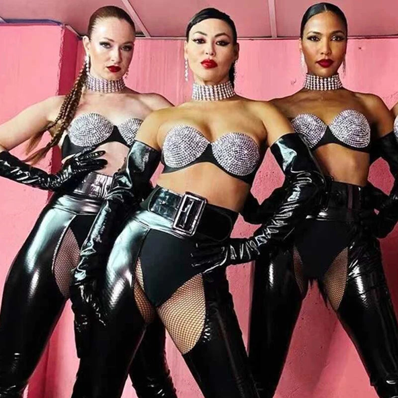 Women's Rhinestone Gogo Dance Costume Set with Cutout Pants