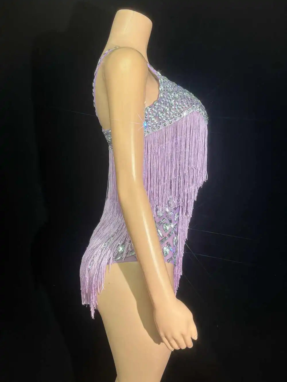 Sparkly Rhinestone & Tassel V-Neck Bodysuit Stage Performance Costume