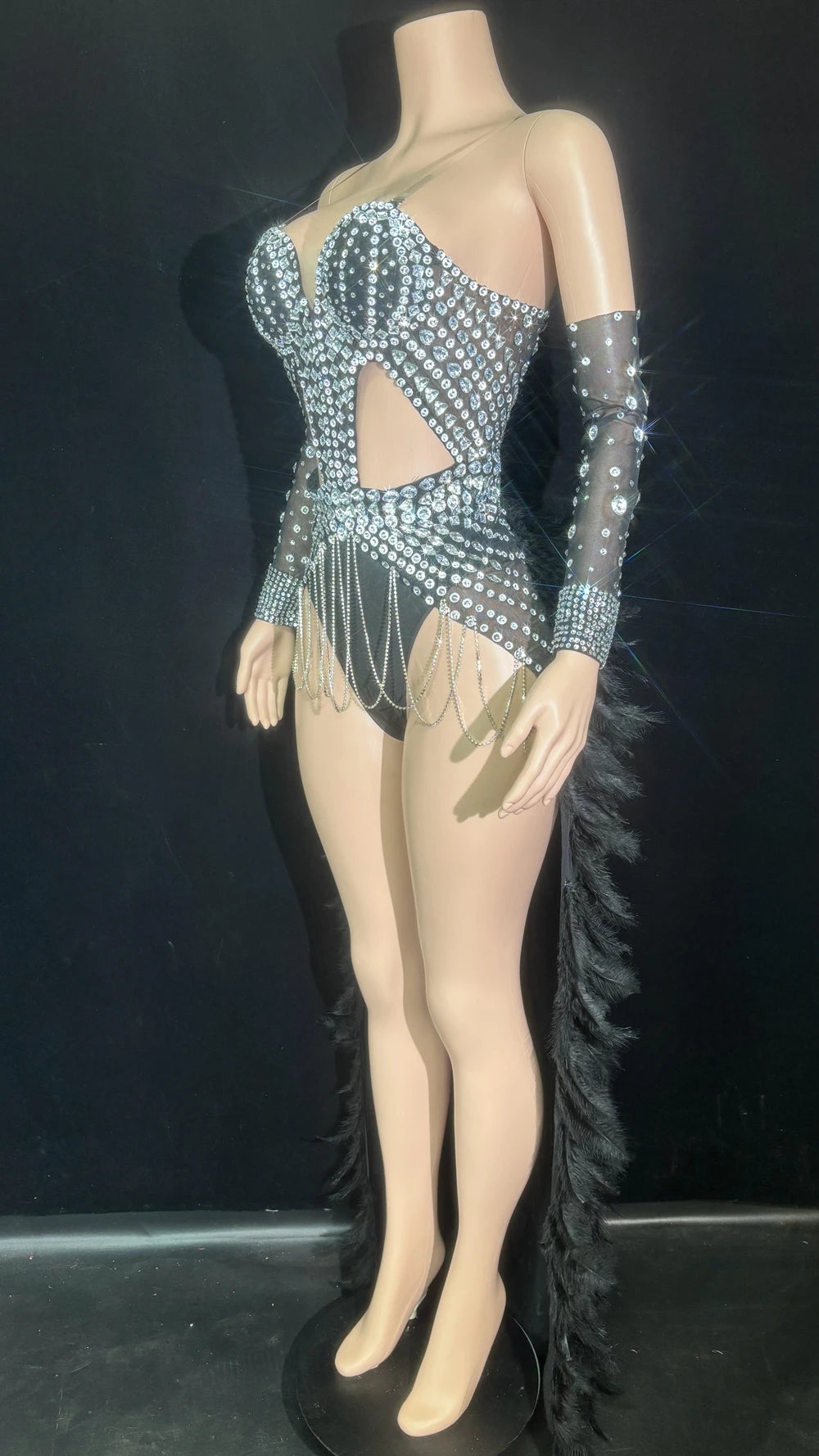 Sparkly Rhinestone & Feather Long Tail Bodysuit Set Stage Costume