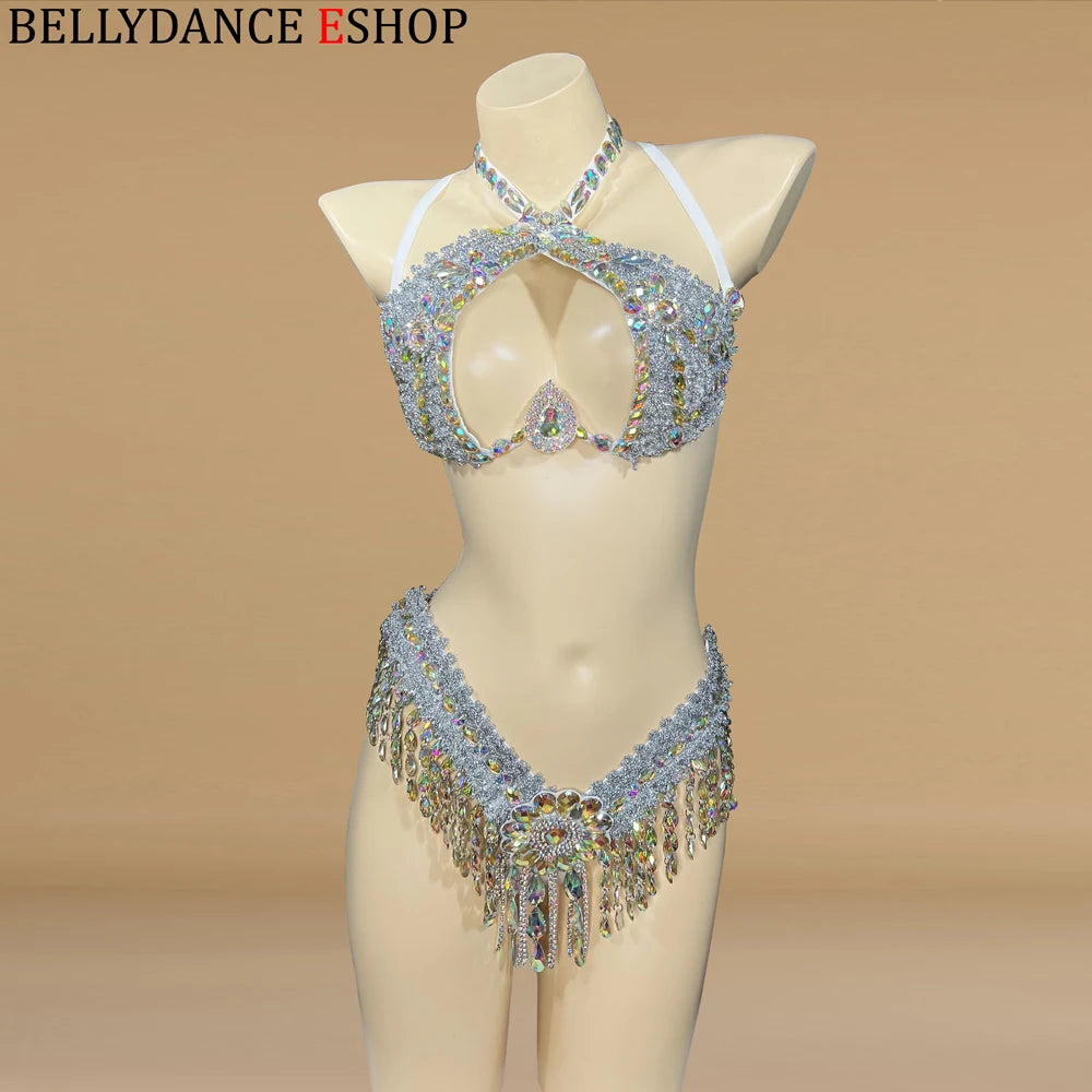 Sparkly Samba Carnival Stone Wire Bra & Thong Two-Piece Stage Costume Set
