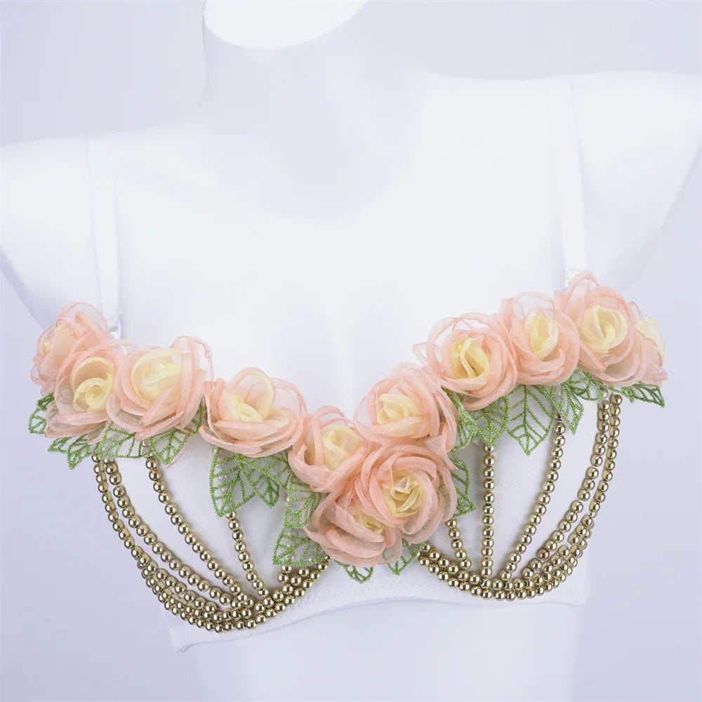 Organza Floral & Pearl Bustier Bra Top | Kawaii Stage & Nightclub Bralette