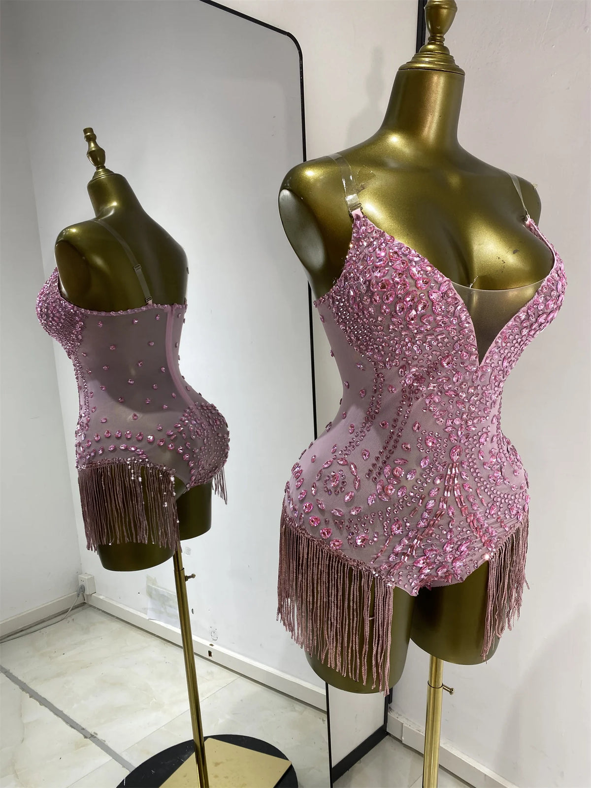 Vintage-Inspired Shiny Rhinestones Tassel Mesh Bodysuit Costume Set