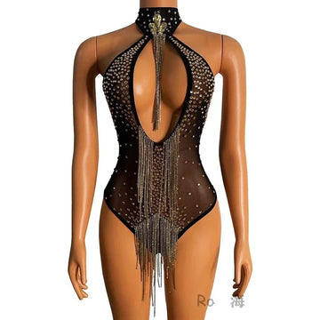 Openwork Rhinestone Tassel Performance Bodysuit