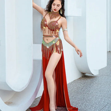 Dynamic Tassel Sequin Belly Dance Competition Costume & Event Performance Set