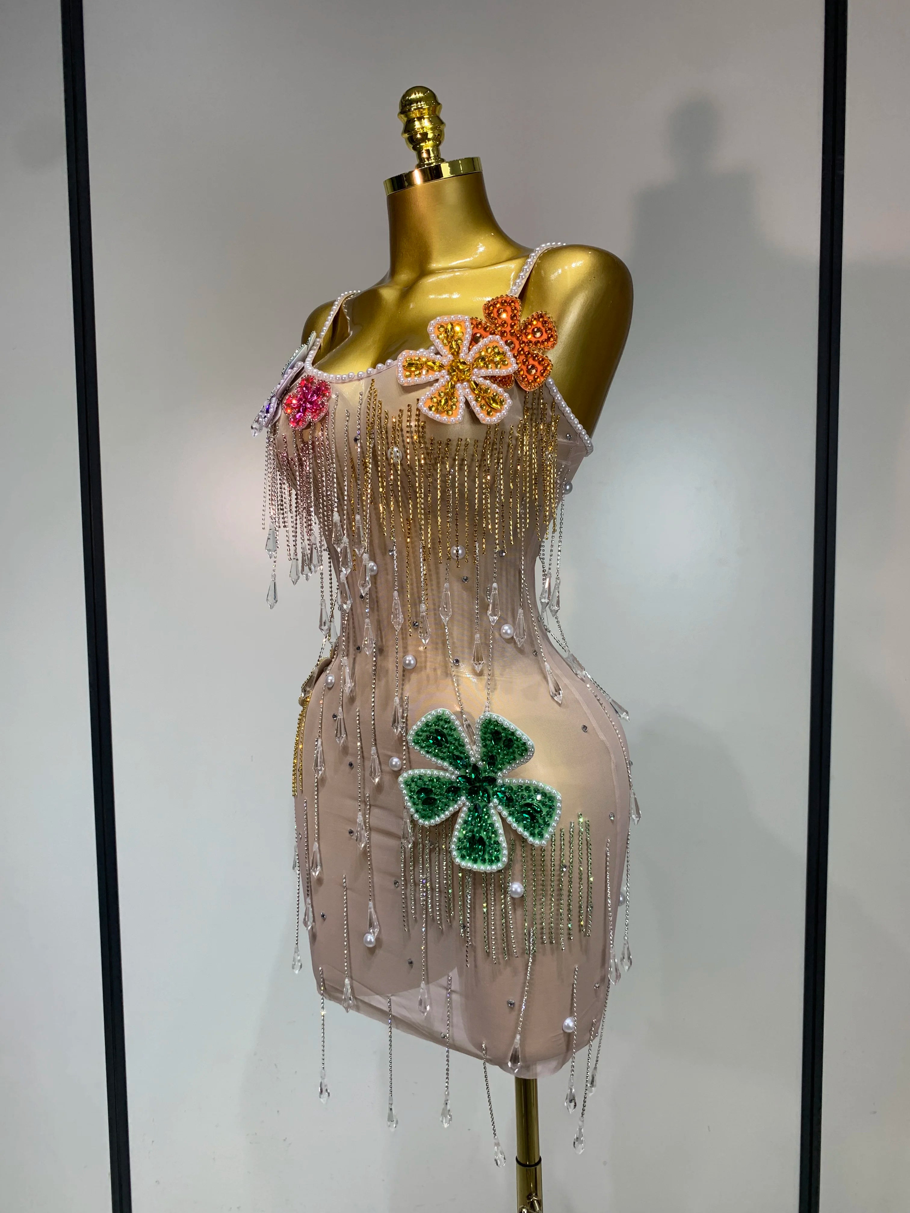Colorful Rhinestone Pearl Sheer Dress & Two-Piece Mini Skirt Set Celebration Outfit