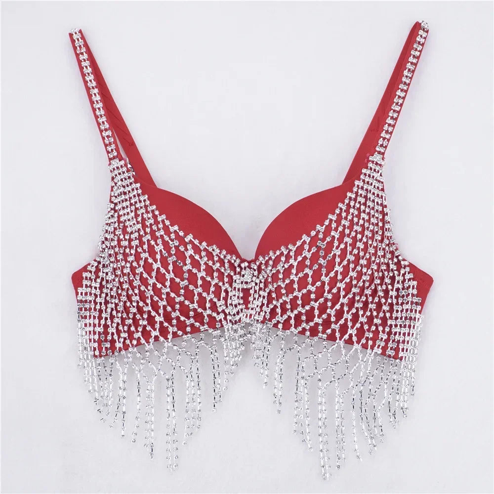 Sparkly Rhinestone Mesh Fringe Corset Crop Top Stage Performance Bustier