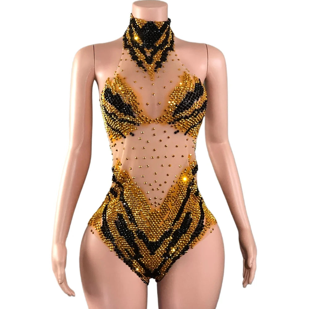 Sparkly Rhinestone Transparent Mesh Bodysuit Stage Performance Costume