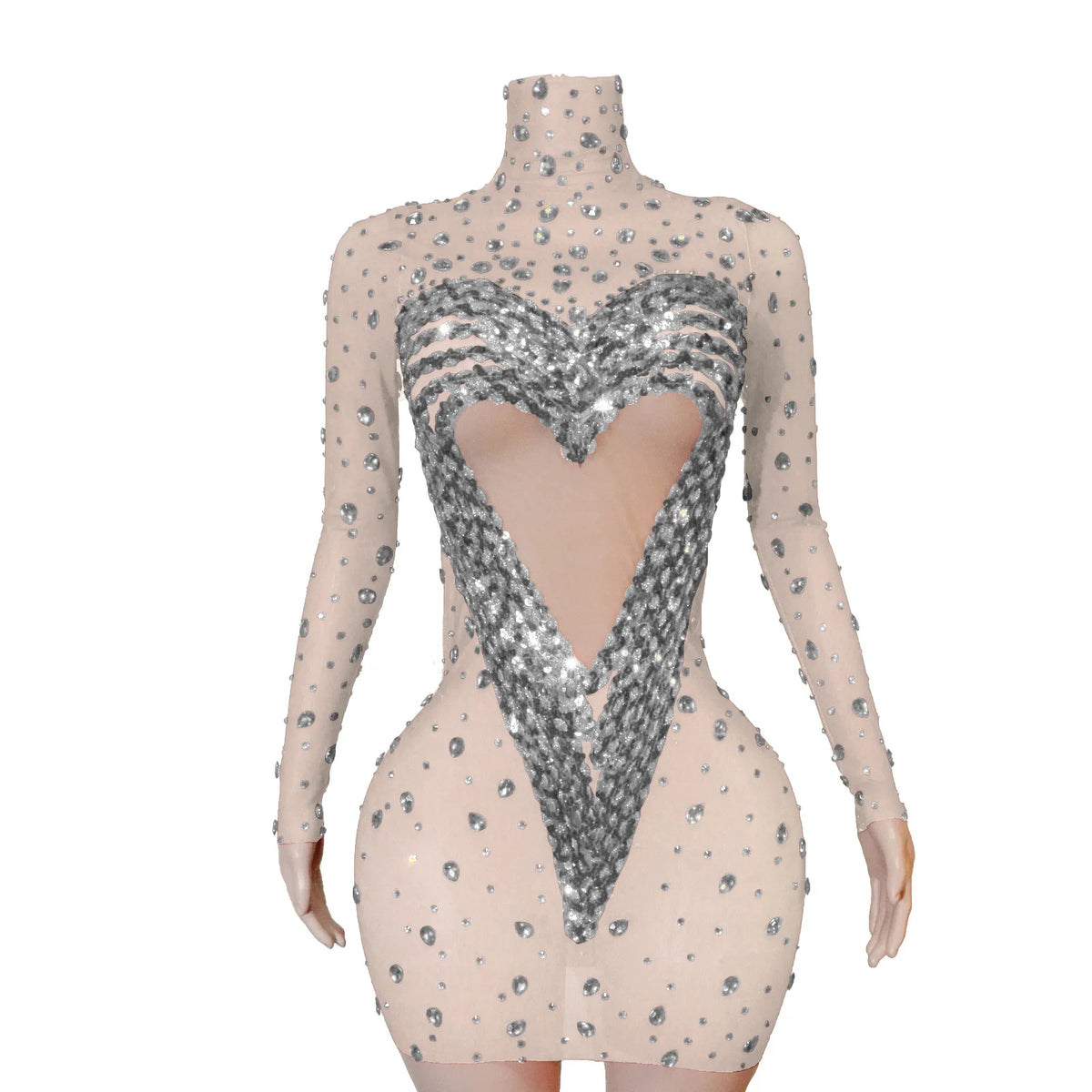 Crystal Rhinestone Mesh Long Sleeve Vintage Inspired Dress with Sequins and Skirt
