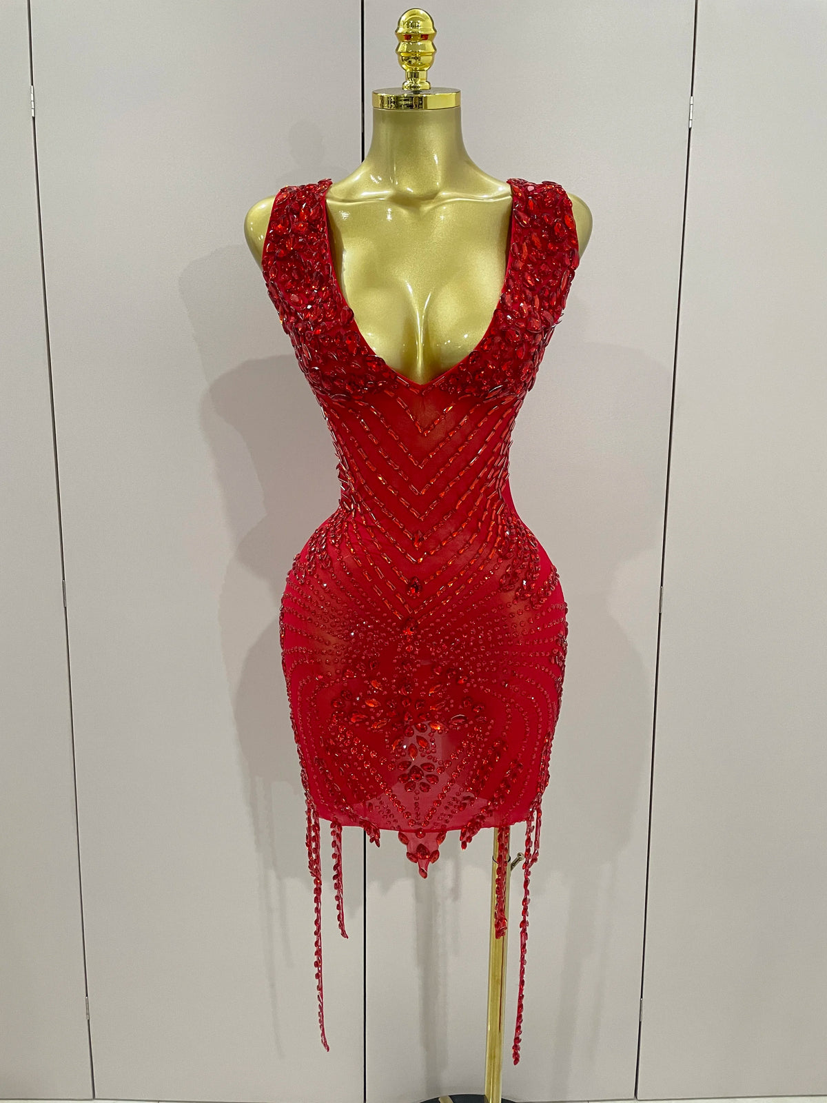 Vintage-Inspired Sparkly Rhinestone Mesh V-Neck Party Dress