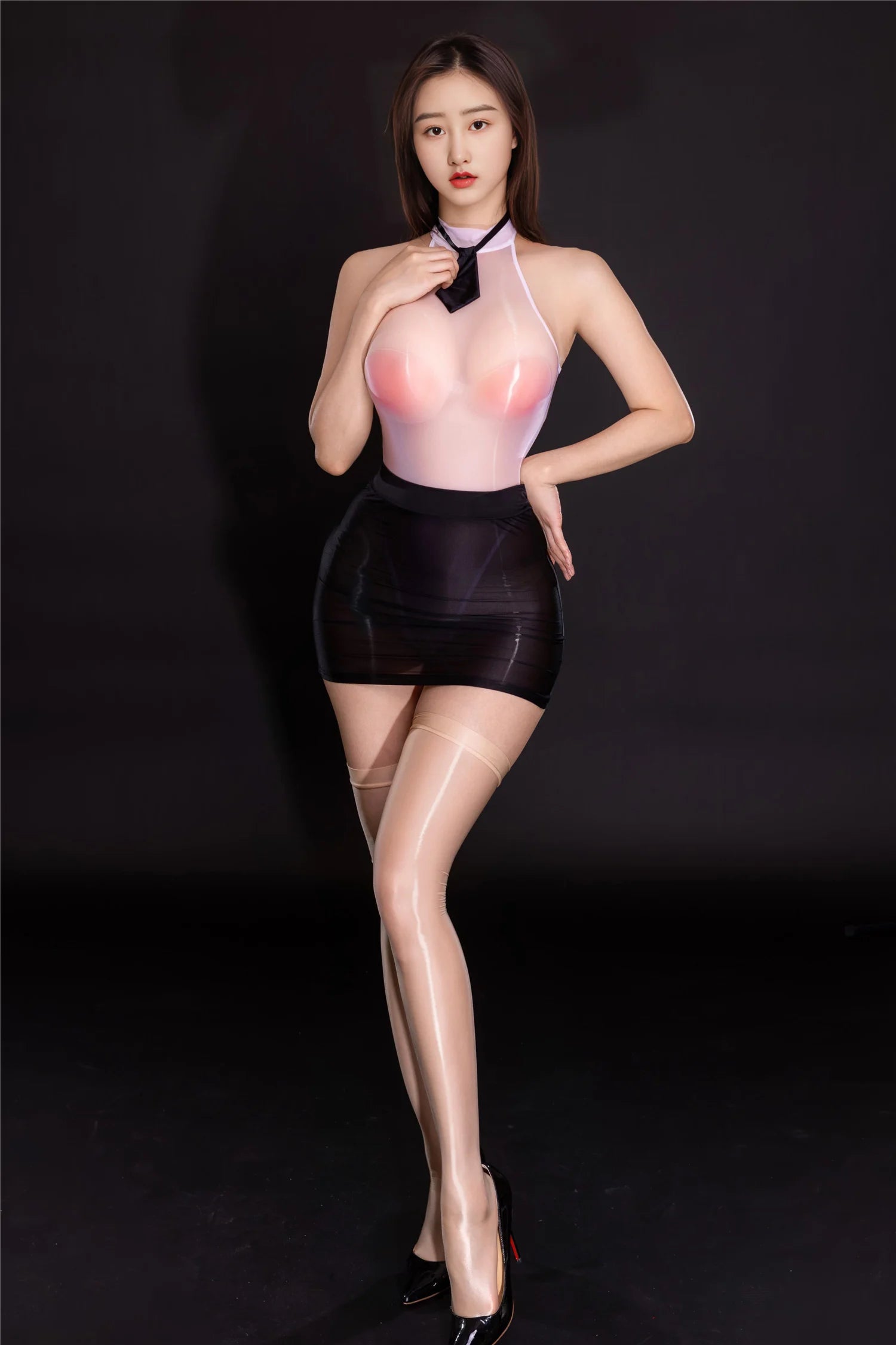 Sexy Women Oil Shiny High Cut Bodysuit Sheer See Through Sexy Tights One Piece Thongs Shapping Leotard With Skirt Set