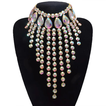 Rhinestone Glass Crystal & AB Drop Tassel Choker Necklace