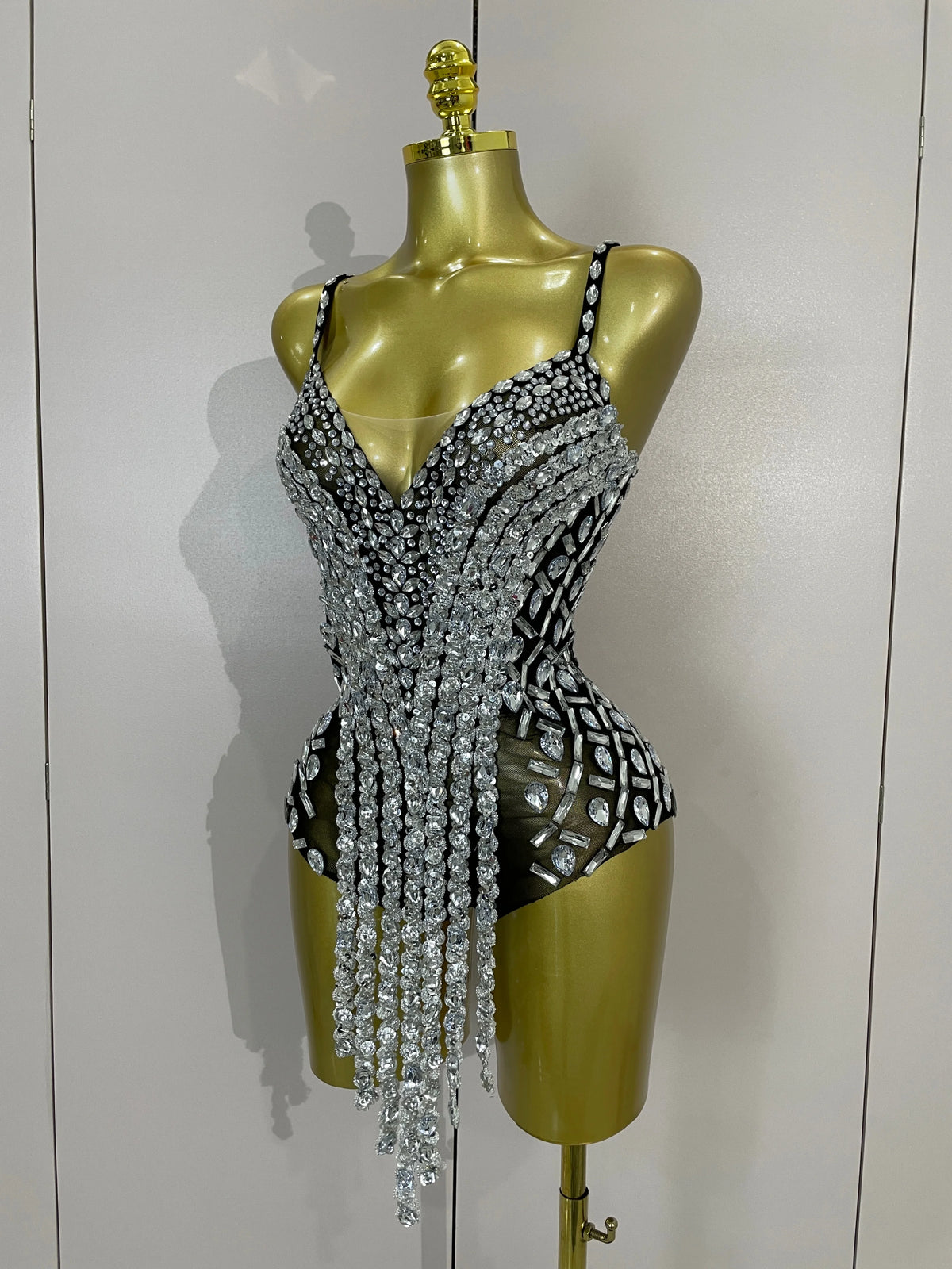 Rhinestone Long Tassel Mesh Bodysuit