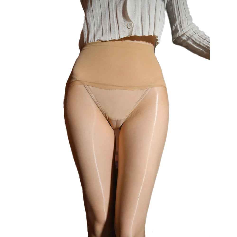 Sexy Women 5D Thin Seamless Elastic Oil Glossy Shiny Sockings Sheer See Through Tights Open Crotch Maid Shaping Pantyhose