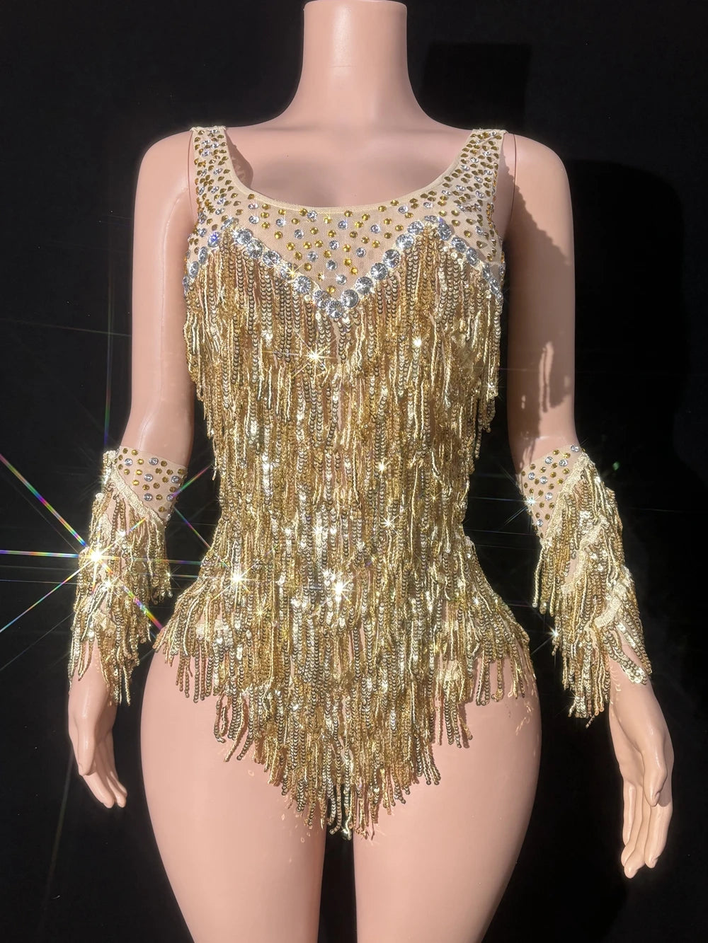 Gold Sparkly Rhinestone, Sequin & Tassel Bodysuit Stage Performance Costume