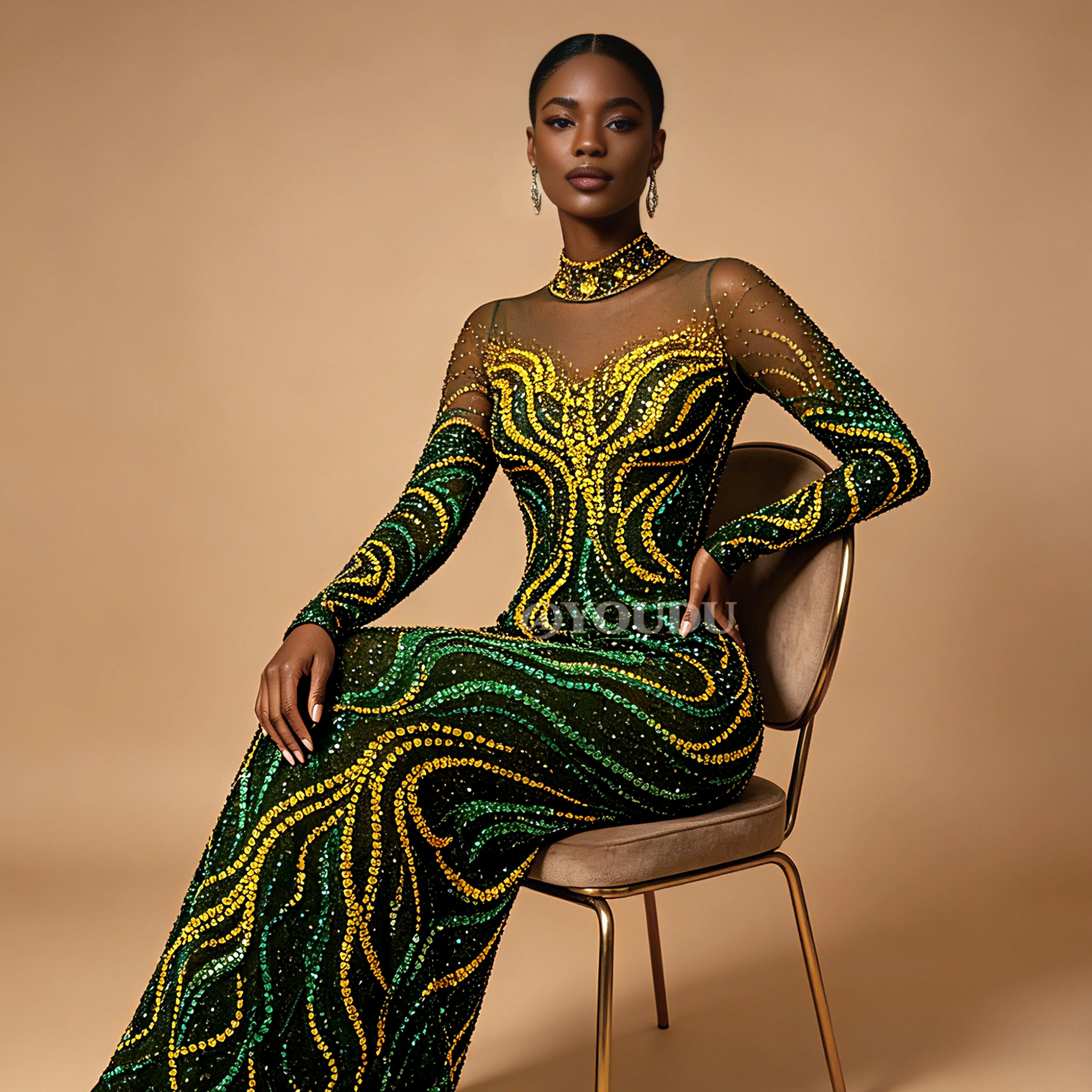Gold & Emerald Swirl Rhinestone Illusion Maxi Gown Long Sleeve Floor-Length Evening Dress