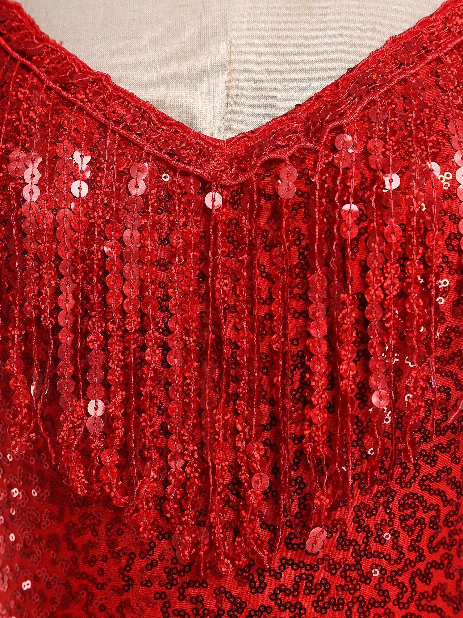 Sequins Fringed Cross Back Latin Dance Leotard Sleeveless V-Neck Bodysuit