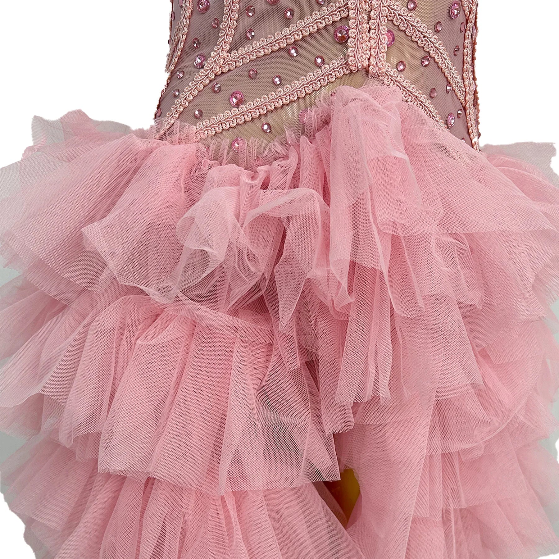 Pink Rhinestone Ruffle Backless Gala Ball Gown & Birthday Evening Dress