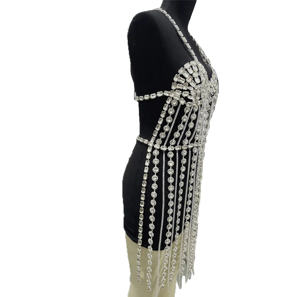 Sparkly Glass Crystal Tassel Body Chain Dress Drag Queen Stage Backless Mini Skirt