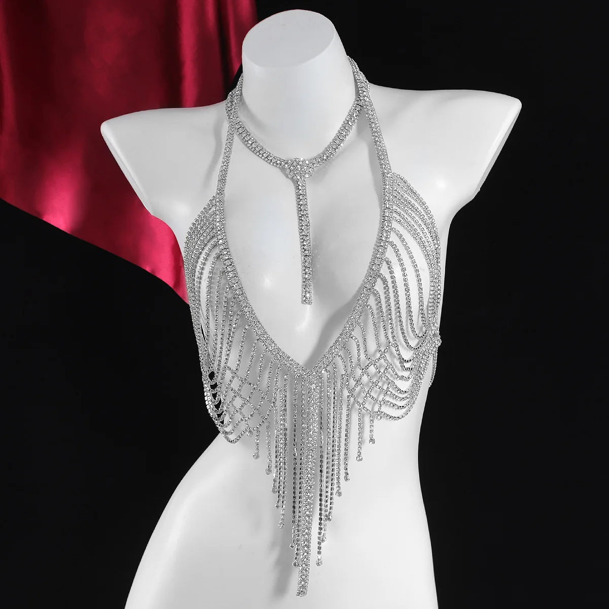 V-Shaped Halter Rhinestone Tassel Body Jewelry