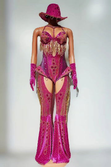 Rhinestone Tassel Hollow-Out Jumpsuit & Stage Performance Dance Romper
