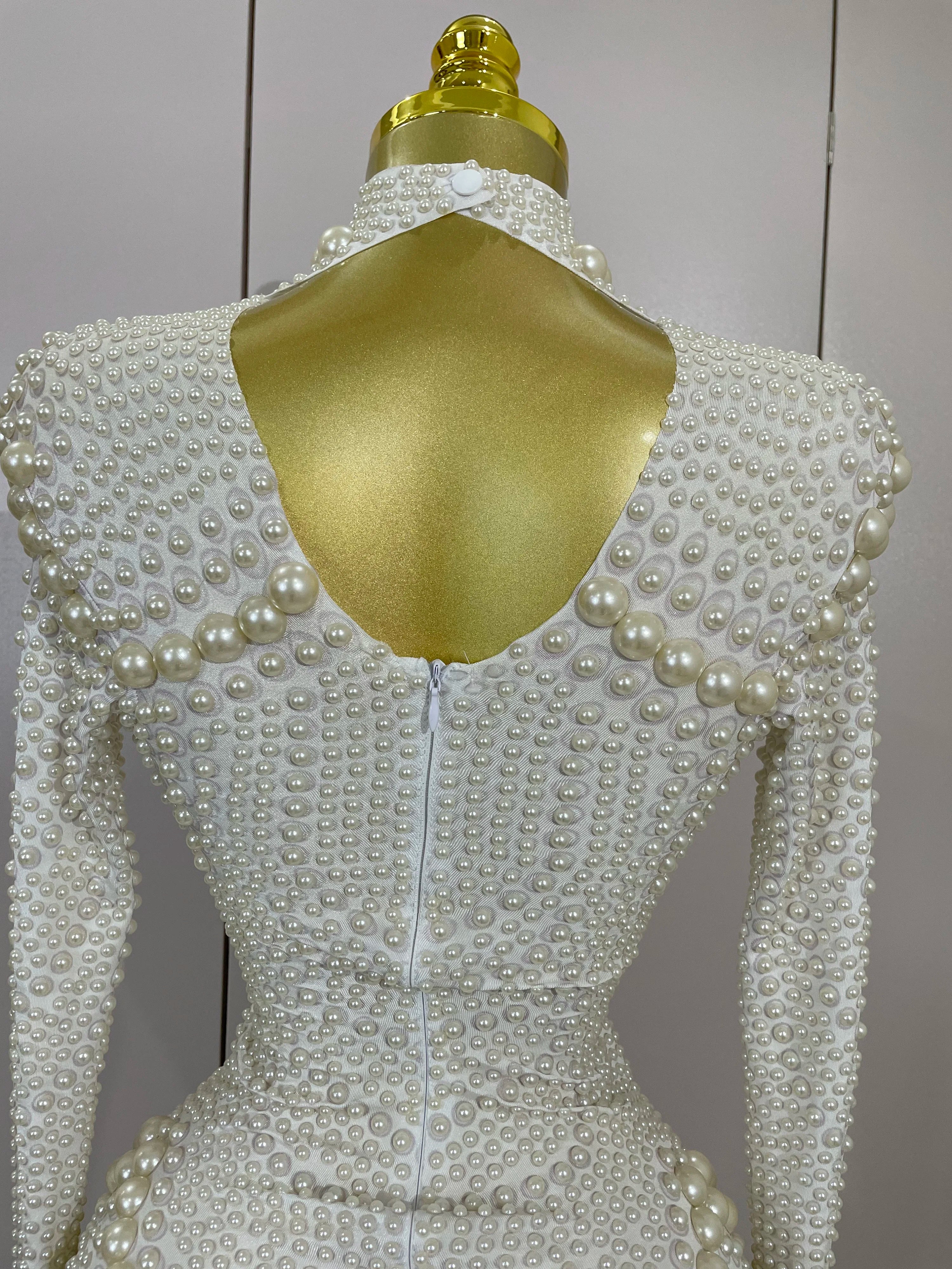 Luxury Full Pearl Long-Sleeved Stage Bodysuit Leotard Evening Performance Costume