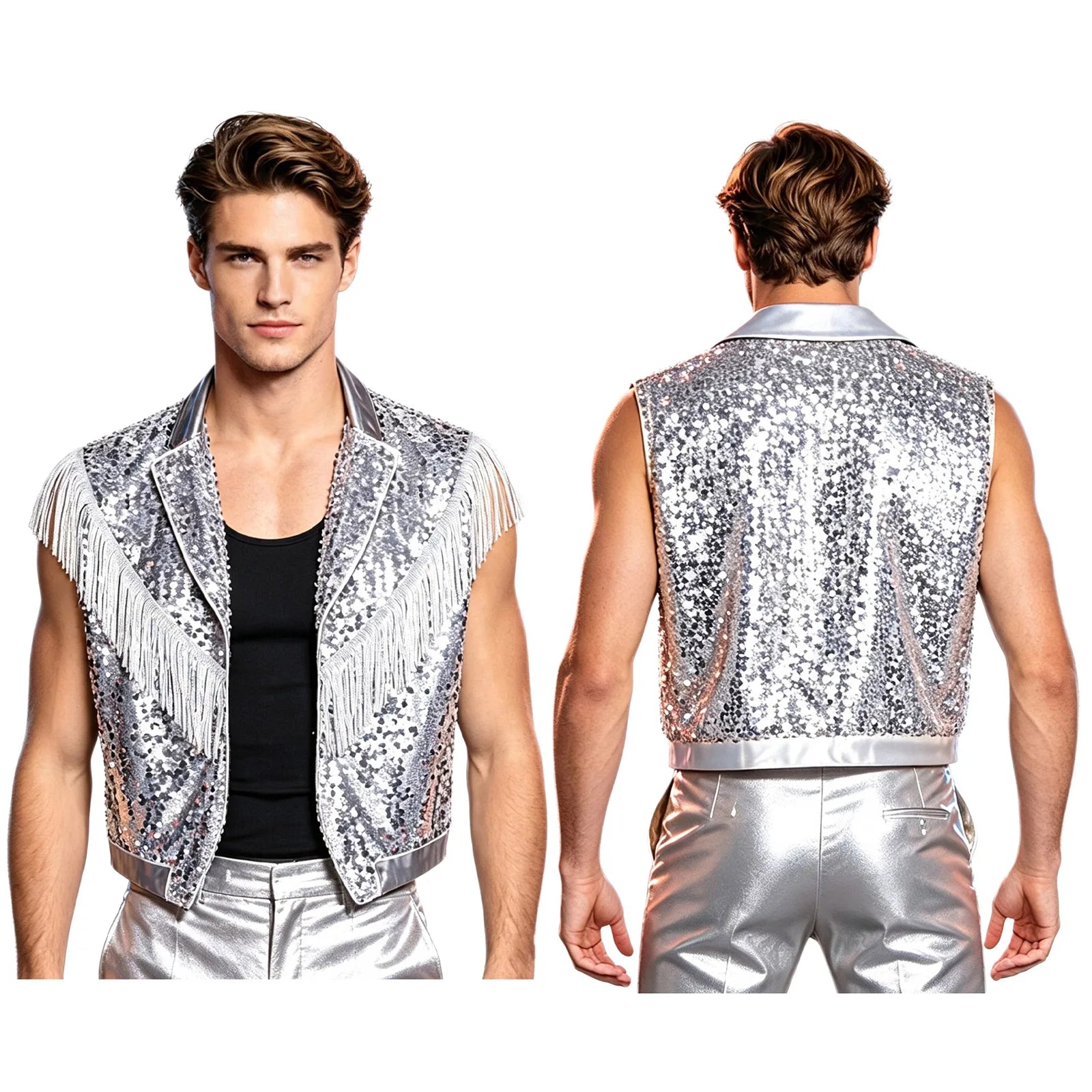 Men's Metallic Sequin Tassel Open-Front Vest Lapel Collar Sleeveless Stage Dance Waistcoat