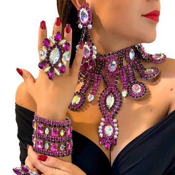 Purple Rhinestone Necklace, Earrings, Bracelet & Ring Set