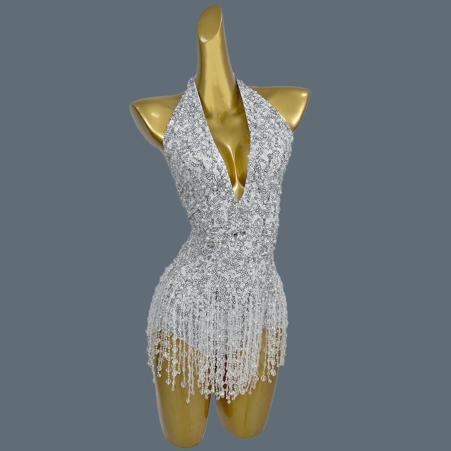 Sparkly Pearl & Crystal Tassel Deep V-Neck Backless White Stage Bodysuit Leotard
